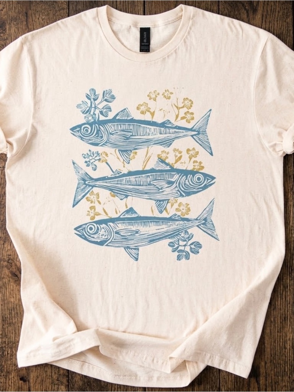 Gildan Cream T-Shirt with Blue Fish and Gold Floral Design